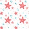 Seamless pattern with starfish, sand, water drops is in doodle style. Vector kids illustration. Flat design.