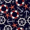 Seamless pattern with starfishes, anchors, shells and lifebuoys. Vector.