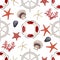 Seamless pattern with starfishes, anchors, shells and lifebuoys. Vector.