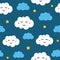 Seamless pattern with stars and cute sleeping clouds. Pajama print.