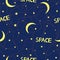 Seamless pattern with stars, moons and words Space.