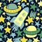 Seamless pattern with stars, rocket, planet in the space.