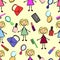 Seamless pattern stick figure girl with powder, lipstick, comb, phone, mirror, lacquer and purse