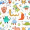 Seamless pattern with strange charming fantastic monsters, magical fairytale creatures, funny mutants on white