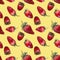 Seamless pattern with strawberries on yellow background. Drawing markers