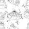 Seamless pattern from strawberry cake and chocolate roll. Vector illustration of seamless background of cakes