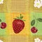 Seamless pattern with strawberry.cherry,flowers on grunge striped colorful background