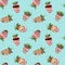 Seamless pattern with strawberry in glaze, chocolate, sprinkle. Vector, flat