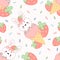 Seamless pattern of strawberry ice cream in a bunny-shaped cone with sprinkles and strawberries. On a white background.