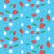 Seamless pattern with strawberry, white daisy and leaves on blue background.