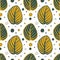Seamless pattern of striped green and yellow leaves and circles on a white background.