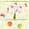 Seamless pattern with stylized apple tree, bees, butterflies, apples