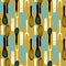 Seamless pattern with stylized knife, spoon, fork, corolla ornament. Doodle cartoon kitchen elements in ocher and blue tones
