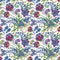 Seamless pattern with stylized ornamental flowers in retro, vintage style. Jacobin embroidery. Colored vector