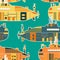 Seamless pattern with submarine. Retro colorful hand drawn vector