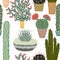 Seamless pattern with succulent plants and cactuses in pots. Vector botanical graphic set