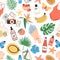 Seamless pattern with summer attributes on white background - exotic leaves, bouquet, swimsuit, straw hat, photo camera