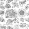 Seamless pattern with summer black and white drawings of cottage house, gardening objects, flowers, picnic.