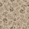 seamless pattern, summer, contour ladybugs, leaves of various shapes on a beige