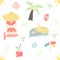 Seamless pattern of summer elements palm, hat, shells, summer girl, floral elements, cocktails