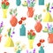 Seamless pattern with summer flowers in beautiful vases