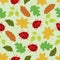 seamless pattern, summer, red ladybugs, leaves of different colors on a white