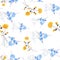 Seamless pattern of summer small yellow blue gray flowers on a white background. Watercolor