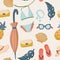 Seamless pattern with summer things and objects. beach accessories with bathing suit, flip flops and sunglasses. pattern for