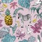 Seamless pattern with Summer Tropical Flowers, leaves and zebra, birds and fruits