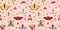 Seamless pattern with summer vibe, moth, mushrooms, plants, cartoon style. Cottagecore, goblincore aesthetics. Trendy