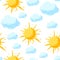 Seamless pattern with sun and clouds. Cartoon image of overcast sky.