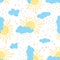 Seamless pattern of sun clouds colorful rain