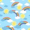 Seamless pattern with sun. clouds and rainbow. Wallpaper for children room