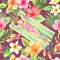 Seamless pattern Sunbathing woman with Tropical flower, summer