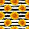 Seamless pattern with sunflowers on black and white stripes back