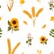 Seamless pattern of sunflowers, clover and wheat white background