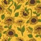 Seamless pattern with sunflowers on a yellow background. Vector graphics