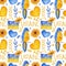 Seamless pattern in support of Ukraine. Bird, flag, sunflower, text, hearts and botanical elements on a white background