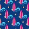 Seamless pattern with surfboard waves, seashells, starfishes, flowers on a blue background