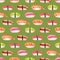 Seamless pattern with sushi painted with watercolor on a green background. Print with different types of nigiri sushi.