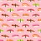 Seamless pattern with sushi painted with watercolor on a pink background. Print with different types of nigiri sushi.