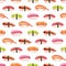 Seamless pattern with sushi painted with watercolor on a white background. Print with different types of nigiri sushi.