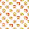 Seamless pattern with sushi painted with watercolor on a white background. Print with different types of sushi.