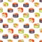 Seamless pattern with sushi painted with watercolor on a white background. Print with different types of sushi: rolls, maki.