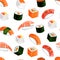 Seamless pattern with sushi and rolls. Nigiri, gunkan maki, uramaki, futomaki, hosomaki. Vector illustration of