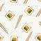 Seamless pattern with sushi and sticks - sushi with salmon. Flat style illustration. Asian food