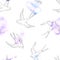 Seamless pattern with swallows. Hand drawn flying birds with paint stains on background