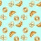 Seamless pattern with sweet bakery products bagel, loaf