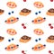 Seamless pattern with sweet croissants and berries on a white background.