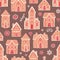 Seamless pattern with sweet delicious gingerbread houses and decorated with sugar icing. Backdrop with tasty dessert
